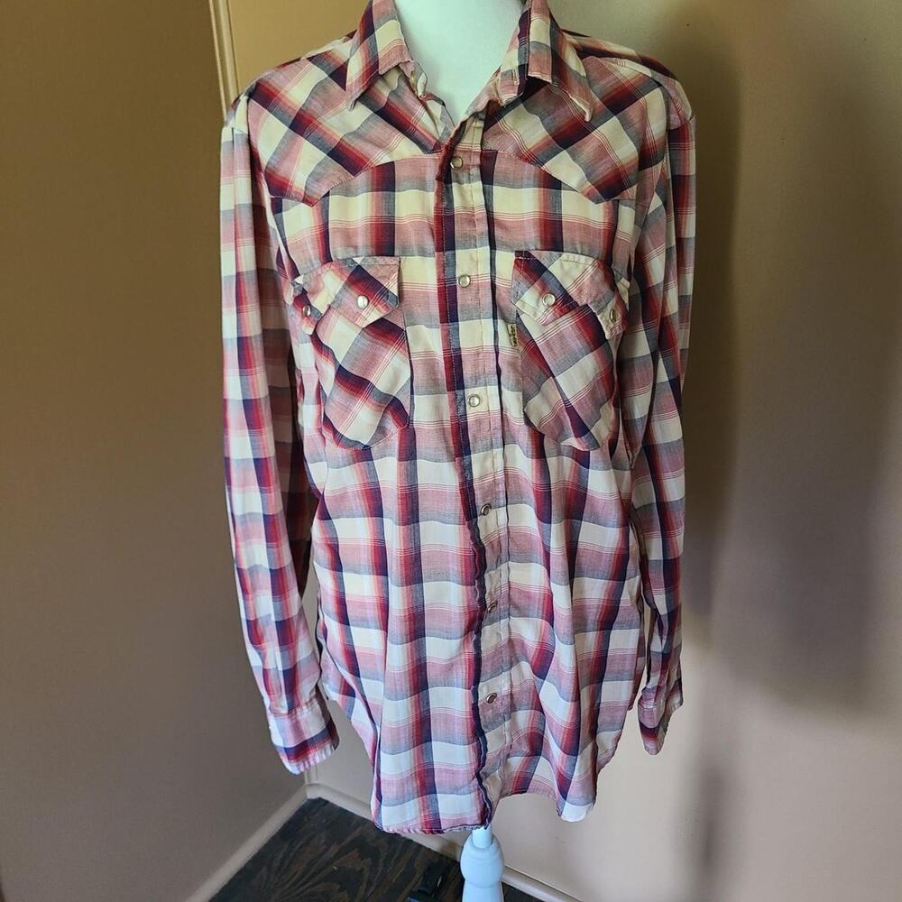 Vintage Womens 70s Levis Pearl Snap Plaid Western Shirt Tapered Fit White Tab M